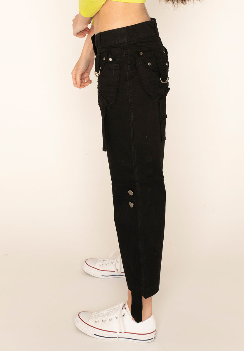 High Rise Cargo Pants Elasticated Waist Short Leg - Black